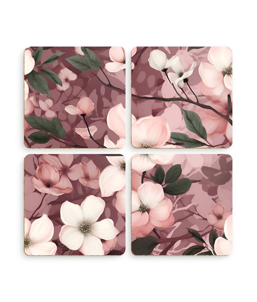 Sparse Dogwood Blossoms - Elegant Floral Design - Pack of 4 Coasters - Pattern Symphony