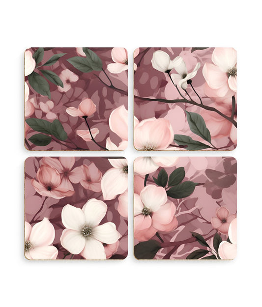 Sparse Dogwood Blossoms - Elegant Floral Design - Pack of 4 Coasters - Pattern Symphony