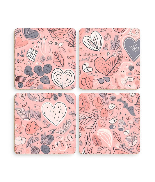 Springtime Blushing Hearts and Leaves - Whimsical Romance - Pack of 4 Coasters - Pattern Symphony