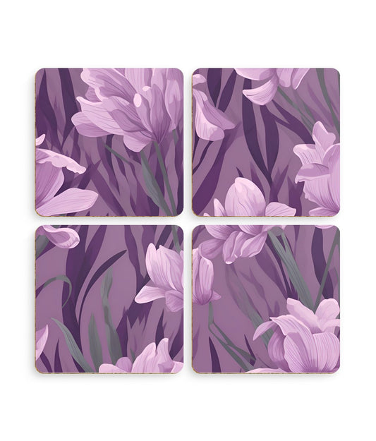 Springtime Violet Harmony - Delicate Purple Blooms Design - Pack of 4 Coasters - Pattern Symphony