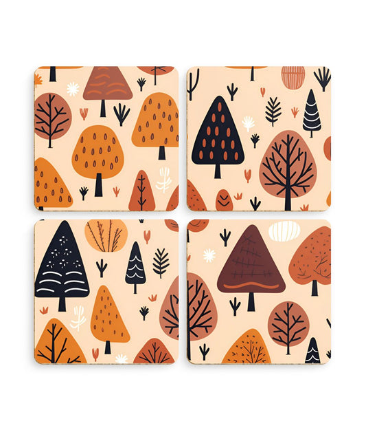 Terracotta Tree Tapestry: A Playful Autumn Mosaic - Pack of 4 Coasters - Pattern Symphony